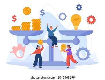 Comparison of money and lightbulb on scales. Businesswoman buying Idea, price or worth assessment, financial profit flat vector illustration. Finances, innovation, valuation, economy, exchange concept