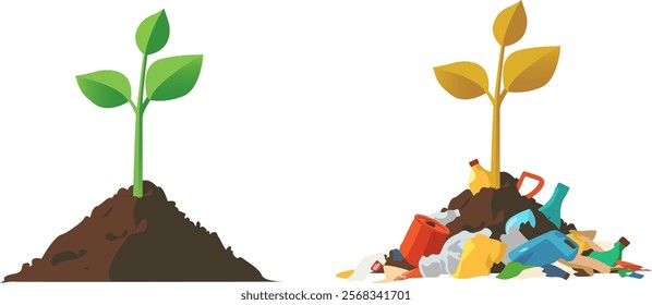 Comparison of plant growth in clean and polluted soil,  Perfect for ecological, sustainability, and environmental awareness themes