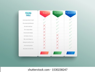 Comparison pricing list. Comparing price or product plan chart compare products business purchase discount hosting image grid. Services cost table unlimited menu planning vector infographics template.