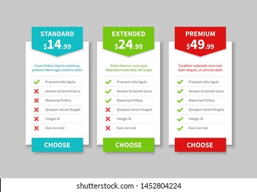 Comparison pricing list. Price plan table, product prices comparative tariff chart. Business infographic option banner vector template of creative simple tabbed column