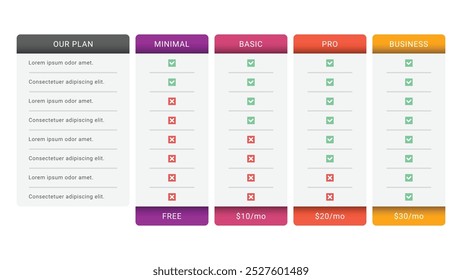 Comparison Pricing Table List with 4 Plans