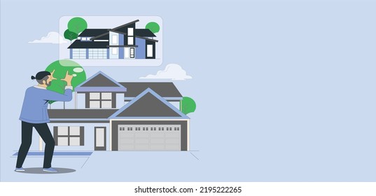 Comparison A Private House Before And After Reconstruction. Man Dreaming House Reconstruction. Old House To Modern House Reconstruction. Vector Illustration Flat Style Designed.