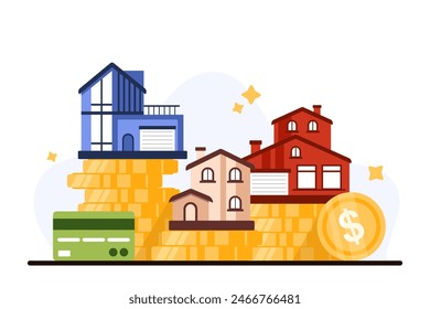 Comparison of property value and size, real estate market. Family houses of different prices standing on stacks of gold coins to choose affordable home on budget and needs cartoon vector illustration