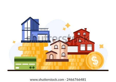 Comparison of property value and size, real estate market. Family houses of different prices standing on stacks of gold coins to choose affordable home on budget and needs cartoon vector illustration