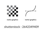 Comparison of raster and vector graphics, pixel grid versus Bezier curve with anchor points. Educational illustration, icons for design and digital art concepts