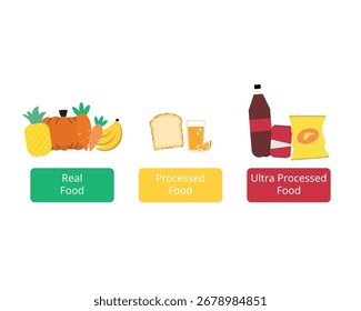 Comparação de alimentos reais, alimentos processados, alimentos ultraprocessados
