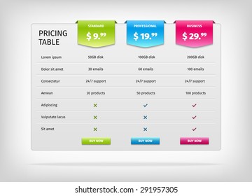 Comparison Of Services. Web Pricing Table Template For Business Plan. Vector EPS10 Illustration. Colorful 3d Chart.