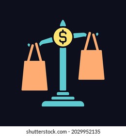Comparison shopping RGB color icon for dark theme. Choice between price values in store. Financial literacy. Isolated vector illustration on night mode background. Simple filled line drawing on black