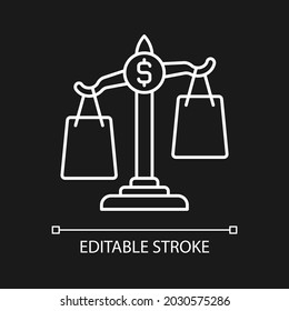 Comparison shopping white linear icon for dark theme. Choice between price values in store. Thin line customizable illustration. Isolated vector contour symbol for night mode. Editable stroke