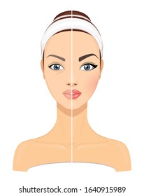 Comparison Side by Side Portrait of a Young Beautiful Girl Without and With Makeup on a White Background. Vector Illustration