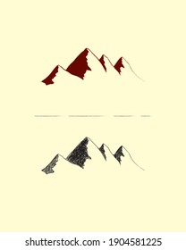 COMPARISON OF THE SIMPLE DESIGN OF A MOUNTAIN WITH HAND DRAWING FOR THE DESIGN OF T-SHIRTS, HATS, EMBLEMS, LOGO