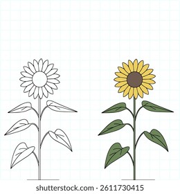 Comparison of a stylized sunflower illustration, one in black-and-white and another colored version, ideal for creative, educational, or art purposes, emphasizing creativity and artistic inspiration