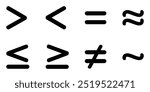 Comparison symbol vector icon set. Less, greater than  or equal to, approximately equal to, not equal to, similar to, equal to.