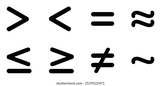 Comparison symbol vector icon set. Less, greater than  or equal to, approximately equal to, not equal to, similar to, equal to.