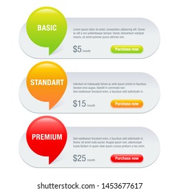 Comparison table - infographics with three different points (tariff subscription plan) with headline icons, sample text and Purchase button - vector web site or presentation element