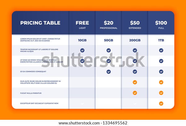 Comparison table. Price chart template, business\
plan pricing grid, web banner checklist design template. Vector\
compare price design\
list