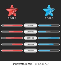 Comparison table of two players of a sports team or esport players for a computer game with progress bars. Compare graph design template