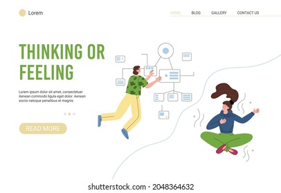 Comparison of thinking vs feeling personality of MBTI system, flat vector illustration. Website or landing page mockup comparing thinking and feeling human types.