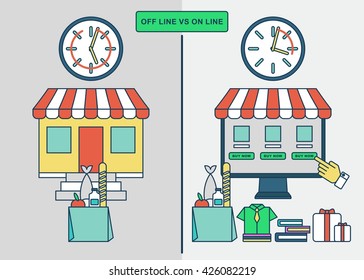 Comparison of time spent on the purchase of offline and on the internet. Effective time management. Icons for mobile marketing and on line shopping. Flat illustration. Objects isolated on background.