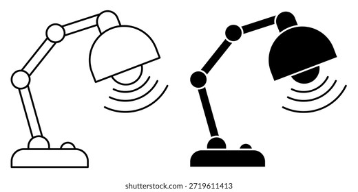 Comparación de dos iconos de lámpara de escritorio, uno en contorno y el otro en negro sólido, ambos representando ondas de luz que emanan de la bombilla.