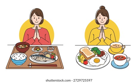 Comparación de dos estilos diferentes de comida saludable con un desayuno tradicional japonés y un desayuno occidental con huevos y tostadas.