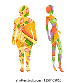 Comparación de dos estilos de vida y hábitos alimentarios diferentes en dos mujeres. Consecuencias de la mala nutrición. concepto de alimentación saludable e insalubre