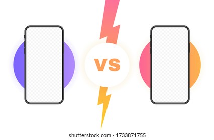 Comparison of two different smartphones. VS background with lightning bolt for comparison. Vector illustration.