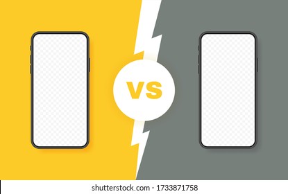 Comparison of two different smartphones. VS background with lightning bolt for comparison. Vector illustration.