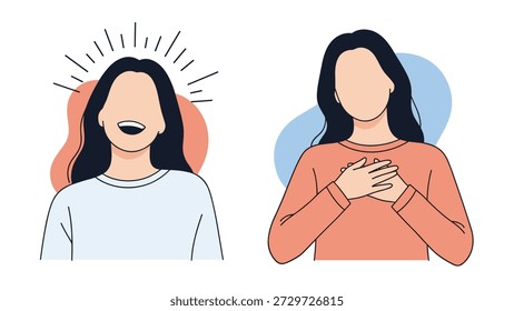 Comparación de dos ilustraciones de personajes femeninos que muestran risas alegres y gratitud sincera con las manos en el pecho.