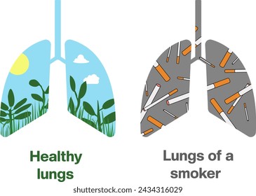 Comparison of two lungs: in healthy - there is a good day, green grass, sun and clouds; in smoker's lungs - just cigarettes... Quit smoking. Vector world no  tobacco day illustration.