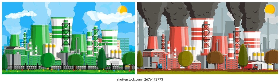 Comparison of two power plants. Eco friendly alternative energy production and environmental pollution illustration concept.