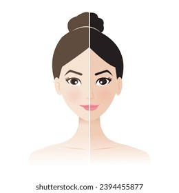 Comparison of two skin tones on woman vector isolated on white background. The woman with two skin tone scale phototype melanin and hair color melanin. Skin care and beauty concept illustration.