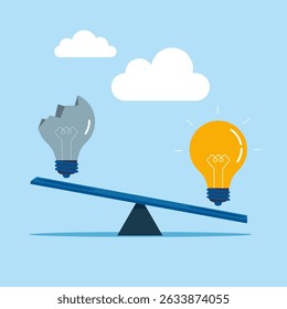 Comparação de duas variantes de lâmpadas. Falhar no sucesso, aspiração e esforço para inventar nova inovação, aprender de erro ou motivação para o sucesso. Ilustração vetorial moderna em estilo plano