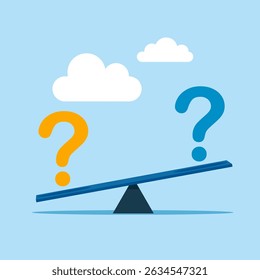 Comparison of two variants of question. Searching. Solution solving problem, answer to hard question or innovation help business success. Modern vector illustration in flat style