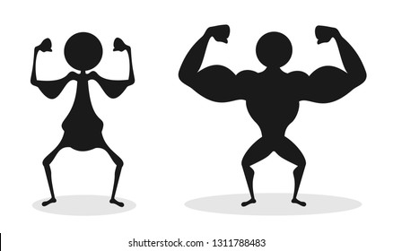 Comparison of unhealthy bad and poor physique vs strong and big musculature of muscular bodybuilder.  Strength or weakness ob human body.  Vector illustration