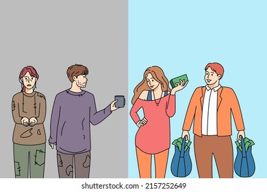 Comparación entre pobres desafortunados y ricos exitosos. La brecha en la sociedad humana. Desigualdad monetaria y discriminación de clase de la comunidad. Concepto de desequilibrio. Ilustración vectorial. 