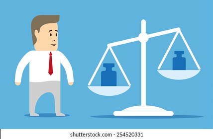 Comparison values. Character businessman looking at the scales