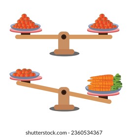 Comparación de peso en una caricatura de estilo mínimo, mostrando una situación desequilibrada con el equilibrio en un pino. Ilustración vectorial.