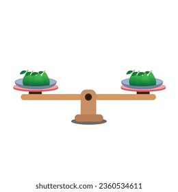 Comparison of weight in a cartoon minimal style, showing an unbalanced situation with balancing on a seesaw. Vector illustration.