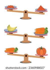 Comparison of weight in a cartoon minimal style, showing an unbalanced situation with balancing on a seesaw. Vector illustration.