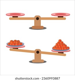 Comparison of weight in a cartoon minimal style, showing an unbalanced situation with balancing on a seesaw. Vector illustration.