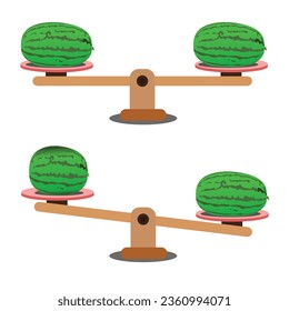 Comparison of weight in a cartoon minimal style, showing an unbalanced situation with balancing on a seesaw. Vector illustration.