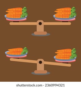 Comparison of weight in a cartoon minimal style, showing an unbalanced situation with balancing on a seesaw. Vector illustration.