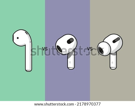 Comparison of wireless earphones. Modern vector illustration on colored background.