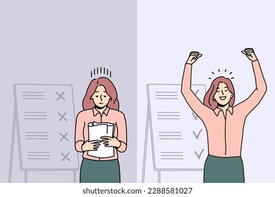 Comparación de las mujeres con las tareas de trabajo inacabadas y terminadas. Empleada fallida y exitosa con planes y lista a bordo. Ilustración vectorial. 