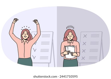 Comparison of woman with unfinished and finished work tasks. Failed and successful female employee with plans and list on board. Vector illustration.