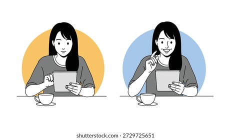 Comparação de uma mulher usando um tablet em uma mesa mostrando expressões de preocupação e inspiração ou ideia súbita.