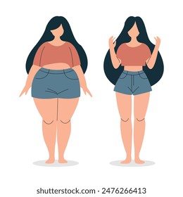 A comparison of a woman's appearance before and after weight loss, showcasing her transformation, flat vector illustration