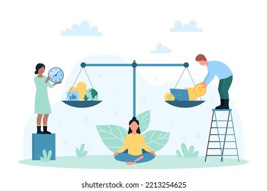 Comparison of work life balance vector illustration. Cartoon tiny man and woman compare on scales with money price of career, wellness and healthy lifestyle. Responsibility, choice, payment concept