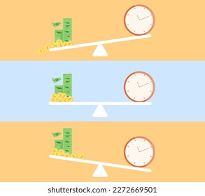 comparación de la gestión del equilibrio entre el trabajo y la vida personal. Equilibrio entre tiempo y dinero o trabajo. Ilustración vectorial plana.